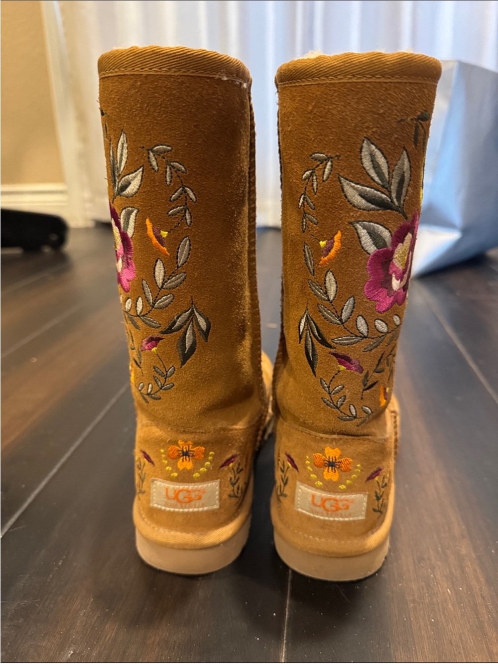 UGG Chestnut Suede Floral Embroidered Mid-Calf Boots